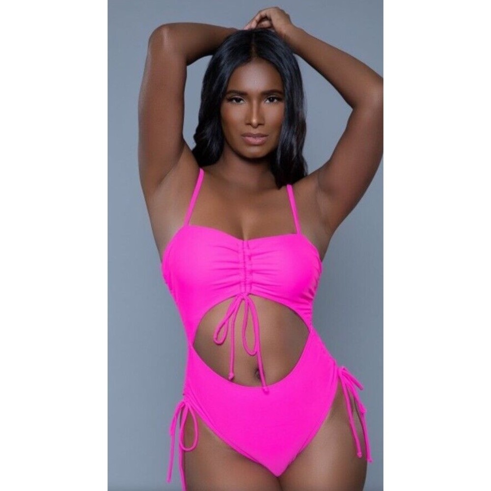 California Waves Cutout One-Piece Swimsuit, Neon Pink, Large, New